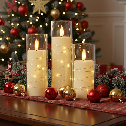 Raycare Flameless Candle with Remote Timer, 7 Flickering Acrylic Battery Operated LED Pillar Candles with Embedded Star String for Halloween, Home Decor, and as a Gift(Ivory)