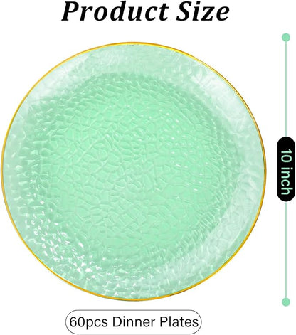 Rubtlamp 60 Pieces Green Gold Plastic Plates - 10 inch Green Plastic Dinner Plates - Hammer Pattern Design - Fancy Disposable Plates Ideal for Wedding & Party