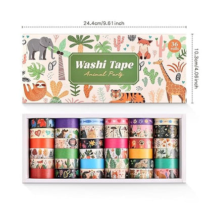36 Rolls Animal Theme Washi Tape Set, Colorful Cute Adorable Animals Writable Decorative Tapes for Scrapbooking, Bible Journaling, Bullet Journaling, 0.6"x79" per Roll