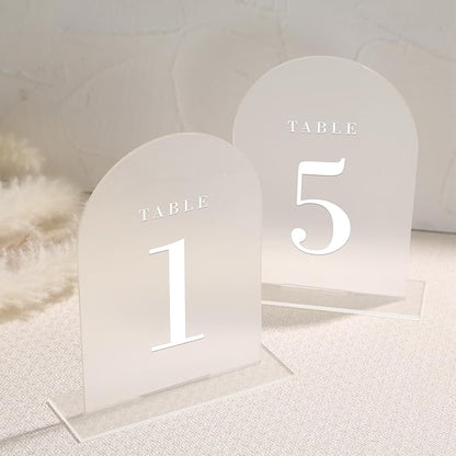 UNIQOOO Frosted Arch Wedding Table Numbers with Stands 1-20, 5x7" Acrylic Display Signs and Holders, Pack of 20, Perfect for Centerpiece, Reception, Decoration, Party, Anniversary, Event