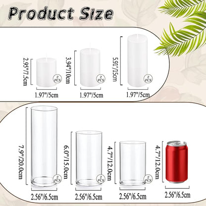 UDU Set of 6 White Pillar Candles and 6 Glass Cylinder Vases Hurricane Holders, Slim Pillar Candle Holder, Cylinder Vases for Centerpieces Wedding Table Party Home Decor(2.6" X 4.7", 5.9", 7.9")