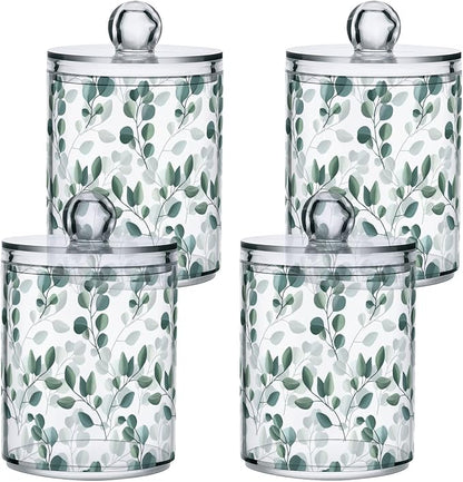 Qtip Holder Dispenser 2 Pack Green Watercolor Floral Leaves Apothecary Jars with Lids Bathroom Vanity Countertop Canister Storage Organizer for Cotton Ball,Swabs,Pads,Floss