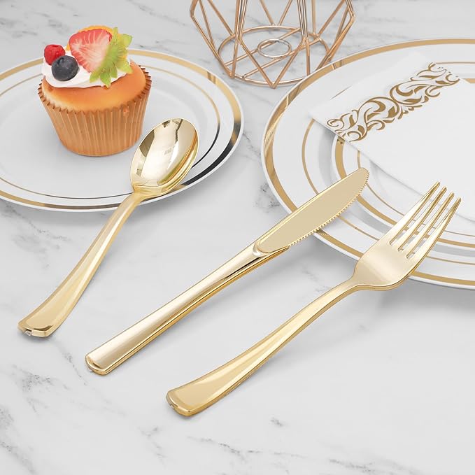 BESTVIP 300 Pack 6.9 Inch Gold Plastic Spoons, Heavy Duty Plastic Silverware, Heavyweight Gold Disposable Spoons, Disposable Serving Utensils for Catering, Parties, Dinners, Weddings, Christmas