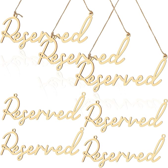 12 Pcs Reserved Seating Signs for Wedding Chairs Hanging Wooden Rustic Reserved Row Signs with Rope Wooden Tag for Wedding Church Pews Restaurant(Wood)