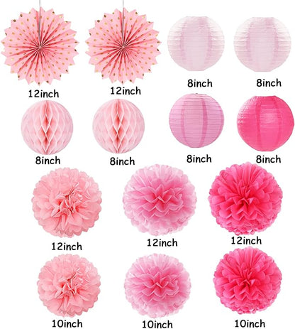 Rose Hot-Pink Party Decorations Streamers - 14pcs Girl Birthday Baby Shower Paper Lanterns Fan,Tissue Pom Poms,Honeycomb Balls,Bachelorette Bridal Wedding Engagement Supplies Decor Lasting Surprise