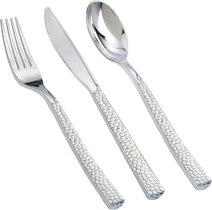 Supernal 180 pieces Silver Plastic Silverware, Disposable Plastic Silverware Heavy Duty, Silver Disposable Cutlery Sets Include 60 Forks, 60 Knives and 60 Spoons Suitable for Birthday, Party, Wedding