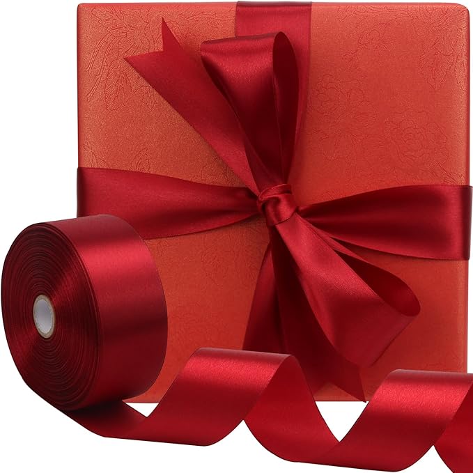 Deep red Solid Satin Ribbon 1-1/2 Inch 50 Yards Solid Polyester Fabric Ribbon for Gift Wrapping Wedding Christmas Baby Shower Birthday Party Decoration Handmade Immortal Flower Craft