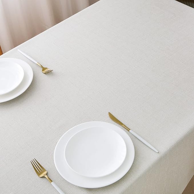 NLMUVW White Linen Table Cloth for Rectangle - Rustic Textured 6ft Tablecloth Water Resistant Farmhouse for Cafe Dining Card Kitchen, 54 x 96 Inch