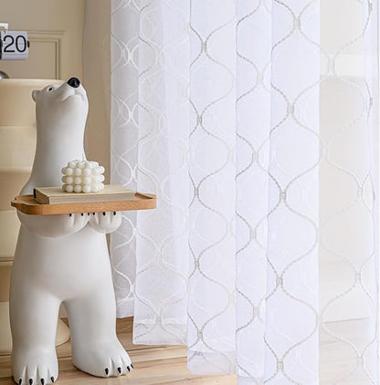 Sheer Curtains White 63 Inches Embroidered Wave Diamond, Rod Pocket Voile Drapes for Living room, Bedroom, Window Treatments Semi Crinkle Curtain Panels for Yard, Villa, Parlor, Set of 2, 52"x 63".