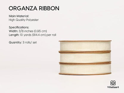 Vitalizart 3/8" x 30Yd Organza Ribbon Cream White Sheer Ribbons Set 10 Yd x 3 Rolls Ivory Handmade Eco-Friendly for Gift Wrapping Christmas Tree Crafts Bows Wedding Invitations Wreaths