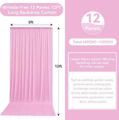60ftx12ft Wrinkle Free Pink Backdrop Curtain, 12 Panels 12FT Height Pink Wedding Backdrop Drapes, Silky Polyester Back Drop Cloth for Birthday Photography Background Party Backdrop Draping
