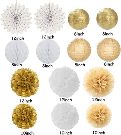 White Gold Party Decorations Streamers - 14pcs Christmas Wedding Engagement Paper Lanterns Fan,Tissue Pom Poms,Honeycomb Balls,Bachelorette Neutral Birthday Baby Bridal Shower Decor Lasting Surprise