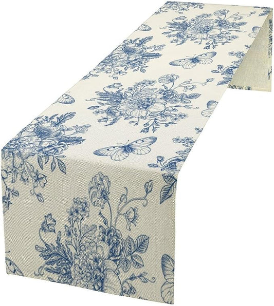 Monochrome Sketch Flowers Table Runner, Seasonal Spring Fall Plants Blue Florals Butterfly Dinner Runner for Home Kitchen Dining Table Party Holiday Decoration 13"x108"