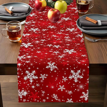 Christmas Snowflakes Cotton Linen Table Runner for Dining Kitchen, Red Xmas Winter Snow Wedding Outdoor Party Tablerunners Decoration, New Year Dresser Scarf Coffee Tablecloth Runners 13x60 Inches