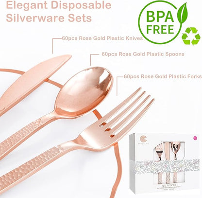 Supernal 180pcs Rose Gold Plastic Silverware Heavy Duty Plastic Forks and Spoons, Rose Gold Disposable Silverware Sets Include 60 Forks, 60 Knives and 60 Spoons Suitable for Wedding, Party, Birthday