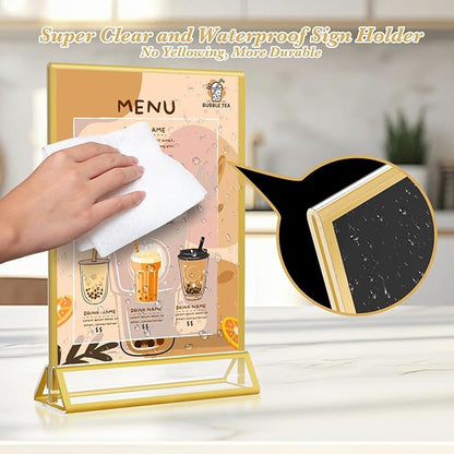 Gold Acrylic Sign Holder 5x7, 16 Pack Wedding Gold Frame Table Number Holders Vertical, Clear Picture Frames Flyer Stands Tables Menu Holder, Double Photo Paper Display Holder for Party, Home, Office