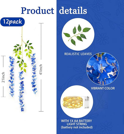 12 Pack Royal Blue Wisteria Hanging Flowers Garland with Lights, 3.44 Feet Artificial Flower Vines, Fake Wisteria, Artificial Vines Hanging Garland for Backdrop Outdoor Patio Garden Decor