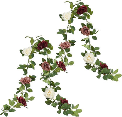 Burgundy Artificial Rose Garlands Rose Vines Leaves Banners Hanging Floral Garland Fake Rose Flower Vine for Wedding Arch Ceremony Home Garden Outdoor Party Wall Decorations