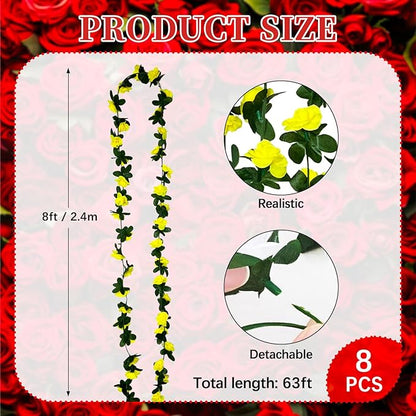 8Pcs 63Ft Yellow Rose Garland, Fake Rose Hanging Flowers, Artificial Flower Vine, Hanging Floral Vine Garland for Wedding, Birthday Party, Wall Arch, Halloween, Christmas Garden Backdrop Decor