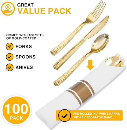 400PCS Pre Rolled Gold Plastic Silverware Sets - Heavy Duty Hammered Gold Cutlery Include 100 Pack Wrapped Disposable Utensils with Napkins for Parties, Dinners & Weddings