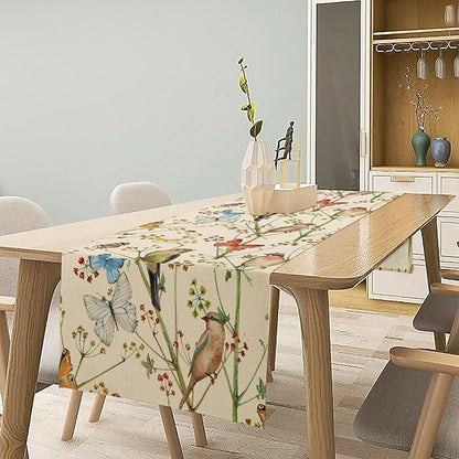 Brown Bird Floral Table Runner Spring Flower Kitchen Table Decoration Suitable for Family Dinner Decoration 13x120 Inch