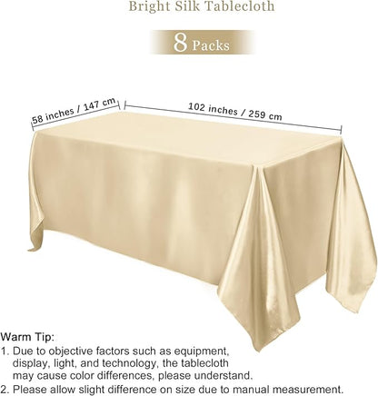 TURSTIN 8 Packs Champagne Satin Tablecloth 102 x 58 Inch Overlay Satin Table Cover Rectangle Bright Silk Tablecloth Smooth Fabric Table Decoration for Wedding Banquet Party Events