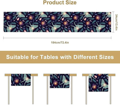 Moth Table Runner, Retro Boho Aesthetic Blue Moth Magic Table Runner for Home Kitchen Dining Party Indoor Outdoor Decoration 13x36 Inch