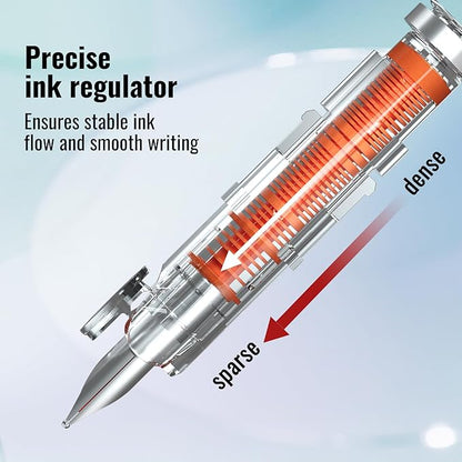 WRITECH Clictek Fountain Pen Retractable: Medium Nib Blue Ink Transparent Barrel Includes 5 Refillable Ink Cartridges, Smooth Writing No Leaking