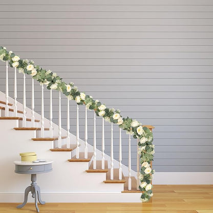 MAKHOT 2PCS 6.6Ft Artificial Eucalyptus Garland, Green Vines and Champagne Artificial Roses Combined to Form an Artificial Rose Garland for Wedding, Table, Party, Fireplace, and Home Decor.