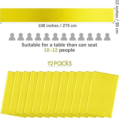 Aneco 12 Pack Satin Table Runner 12 x 108 Inch Yellow Long Wedding Satin Silk Table Runner for Wedding Banquet Graduations Birthday Party Decoration