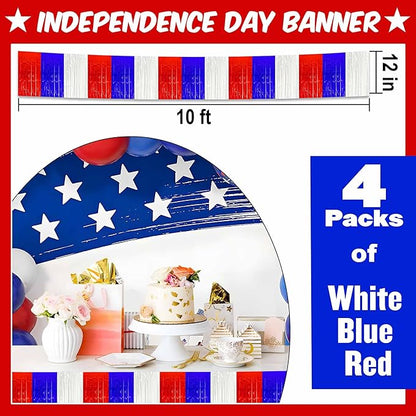 4 Pack 10 Ft White Blue Red Foil Fringe Garland Metallic Streamers Tinsel Banner Wall Hanging Garland Backdrop for Parade Floats, Halloween, Christmas, Thanksgiving, New Year Party Decorations