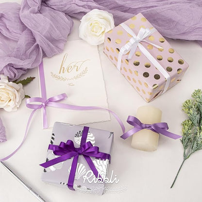 Ribbli Purple Satin Ribbon 3/8 Inch x 4 Rolls Total 40 Yards-White Lavender Purple Ribbon for Gift Wrapping Craft Wedding Decoration