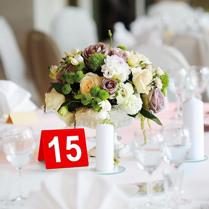 Tuanse Table Numbers 1-50 Acrylic Double Side Numbered Table Tents Restaurant Wedding Number Cards Signs for Banquets Party Wedding Reception(Red)