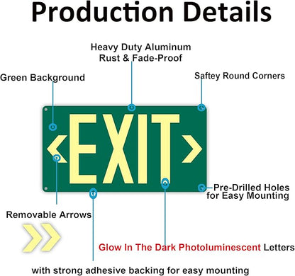 1Pack Photoluminescent Exit Sign Green - Aluminum -14.25"x 7.5" Glow In The Dark Adhesive Backing- Includes 2pcs Removable Arrows- Non Electrical Green Exit Light