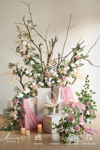 Ling's Moment Flower Garland - 6FT Eucalyptus & Rose - Sweetheart Table Decor for Wedding Reception, Artificial Silk Floral Garland for Mantle, Spring, Garden Christmas Decoration, White Beige