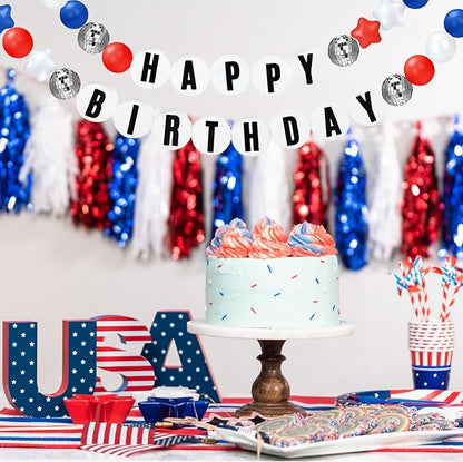 Giant Friendship Bracelet Garland Kit, DIY Birthday Banner with Letters Ball Jumbo Customizable Friendship Bracelet Decor for Halloween Christmas Wedding Party(White, Red, Blue)