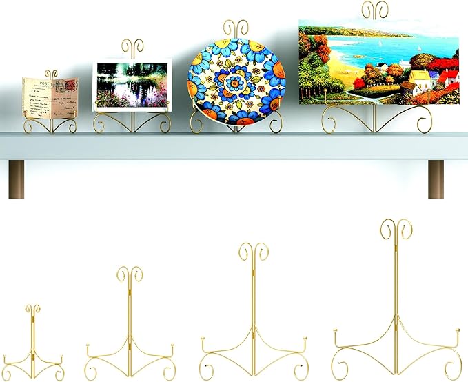 Plate Stand for Display with Hinged Folding Design, 6 Inch Picture Stands for Tables, Small Easels for Displaying Book, Art Piece, Photo and Platter, 6’’ Gold