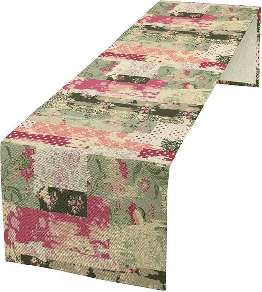 Patchwork Flower Table Runner,Abstract Colorful Floral Retro Style Hand Drawn Tablecloth Burlap for Hotel Indoors Outdoor Dining Room Kitchen Home Decor,W13X L36 in