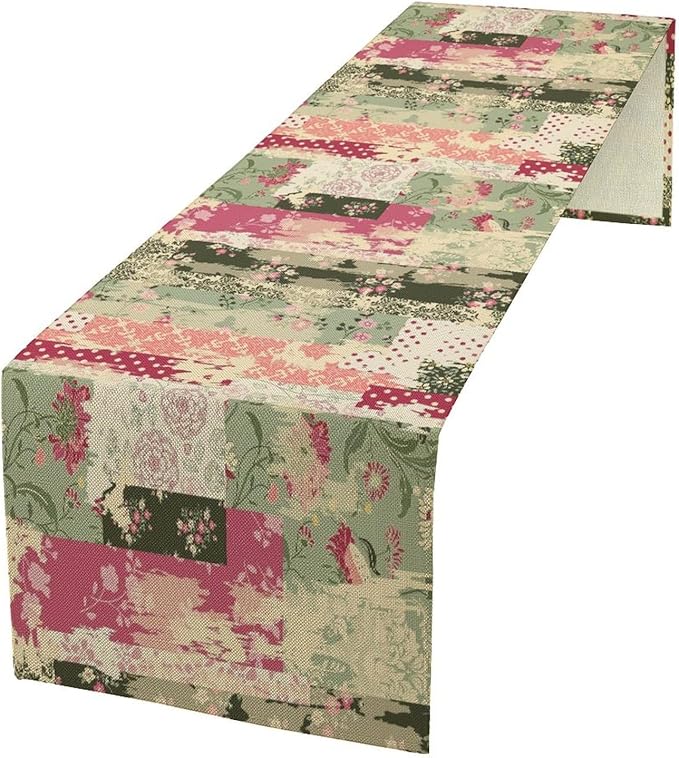 Patchwork Flower Table Runner,Abstract Colorful Floral Retro Style Hand Drawn Tablecloth Burlap for Hotel Indoors Outdoor Dining Room Kitchen Home Decor,W13X L60 in