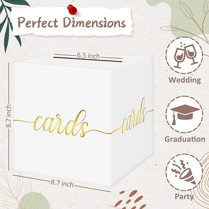 QIKSION White Wedding Card Box, Gold Foil Gift Card Box for Party, Wedding Reception, Birthday, Graduation, Baby Shower, Raffle