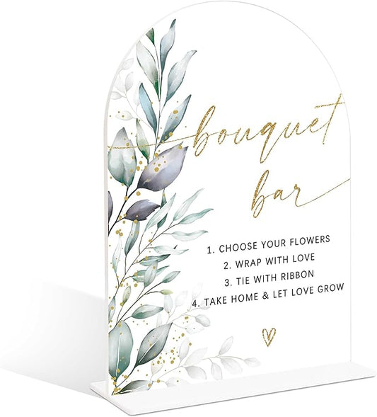 Acrylic Wedding Signs, Greenery Theme Bouquet Bar Sign, Wedding Reception Signage, Bridal Shower Table Decor with Stand, Bouquet Bar Supplies for Engagement, Anniversary, Newlywed Event and Party, 05