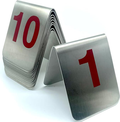 10 Pcs Metal Place Cards Stackable Tent Style Table Numbers，Place Card Holders for Celebration Wedding Party Restaurants Cafes Bars Gatherings meeting Room Board Game Serial (Medium 1-10, Red)