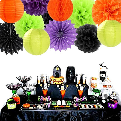 Black-Orange Purple Green Halloween Party-Decorations - 14pc Kit Paper Lanterns Fan,Tissue Flower Pom Poms Streamers,Honeycomb Balls,Birthday Supplie Wedding Baby Bridal Shower Decor Lasting Surprise