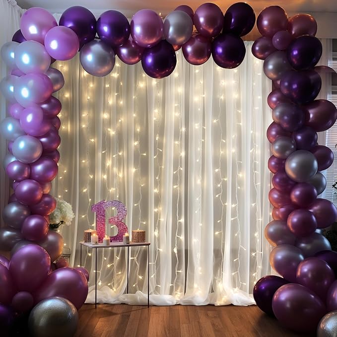 10ft x 10ft Cream White Chiffon Backdrop Curtain with Lights String for Parites Wedding Wrinkle Free Curtain Photo Backdrops Drapes for Baby Shower Birthday Party Home Decorations