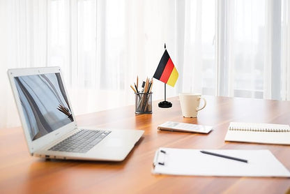 Germany German Deluxe Desk Flag Set, Small Mini Miniature Germany German Table Desktop Flags With Solid Pole, Black Base and Spear Top(2 Pack)