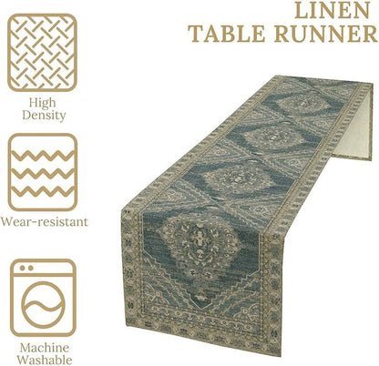 Boho Floral Vintage Table Runner, Blue Teal Retro Flower Rustic Country Farmhouse Pattern for Home Kitchen Table Decor Dining Coffee Room Party Decor 13x120in