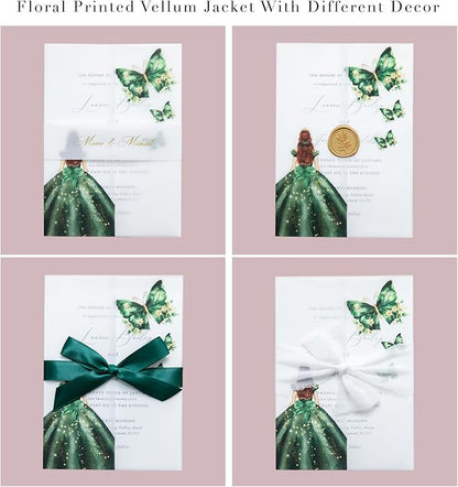 PONATIA 50 PCS Vellum Jackets for 5x7 Invitations - Vellum Paper 5x7 Jackets - 135GSM Emeral Green Girl - Butterfly Quinceanera Invitations Wraps (Emerald Green Girl)