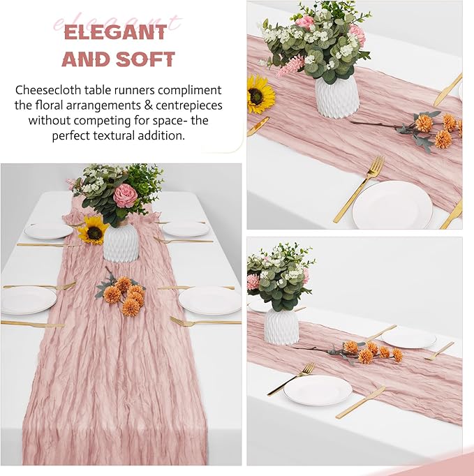 Aktor 4 Pack Dusty Pink Table Runner Boho Cheesecloth Table Runner Semi Sheer Gauze Fabric Runners for Wedding Birthday Baby Shower Party Boho Table Decoration（Dusty Pink）