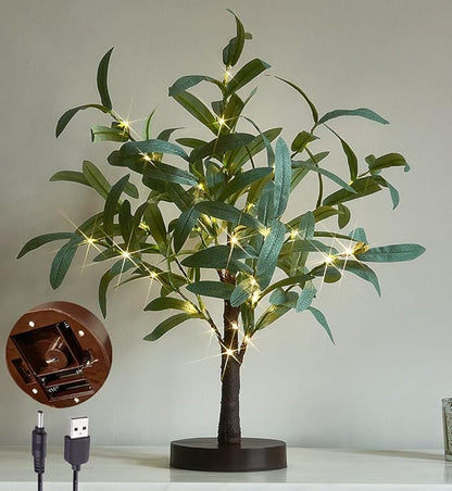 LITBLOOM Lighted Tabletop Olive Tree 18IN 50 LED Fairy Lights with Timer Battery Operated or USB Plug in Bonsai Tree for Wedding Christmas Spring Home Decoration