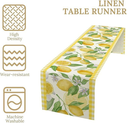 Lemon Table Runner,Yellow White Buffalo Plaid Summer Table Runner for Kitchen Dining Table Home Party Decoration 13x120 Inch
